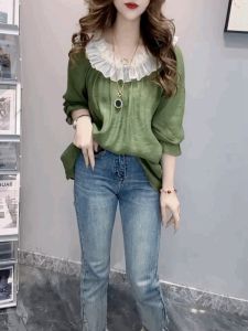 Ruffles Beaded Mid Length Long Length T-shirt Shirt Womens round Neck Half Sleeve Slim Fit Slimming Tops Ice Silk Chiffon Shirt Fashion