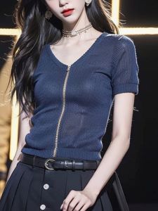 Fashionable Light Mature Beautiful Blue Knitting V Neck Zipper Short Sleeve Knitwear Womens Summer Chic Super Nice Tops