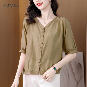 AMMIN เสื้อฝ้ายลินินแขนสั้นผู้หญิงใหม่2023แฟชั่นใหม่ล่าสุดปกคอวีเสื้อสตรีแบบบางหลวมหน้าท้อง