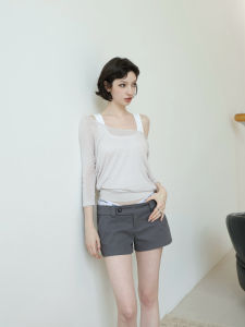 Quần Short Rộng Cạp Thấp FOT2025 Xuân Hè Chi Tiết Nút Cổ Tròn Màu Xám Tím Đen Xanh Lá Cây Quần Dài Thường Ngày