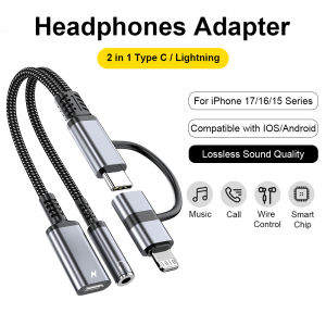 2 in 1 Lightning/USB Type C to 3.5mm Jack Headphone With Charge Audio Aux Adapter Converter for iPhone 16 15 iPad Samsung Xiaomi
