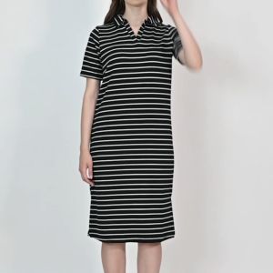 QUEENTIN Dress Polo Casual Wanita 0436 Knit Aiko Stretch Mini Salur Lengan Pendek