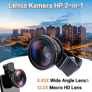 2 in 1 Lensa Kamera Eksternal  Kit / Lensa Super Wide Angle 0.45x & Lensa Makro 12.5x Dilengkapi Klip HP Kompatibel untuk Smartphone dan iPhone OPPO VIVO