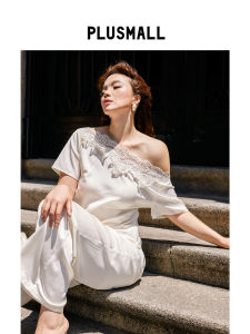 Desirable Light Maturity Lace Shoulder-off Top Lycell Acetate Wide Leg Trousers