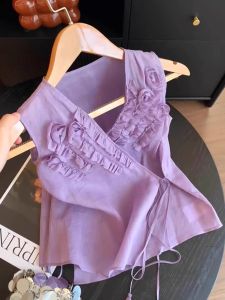 TIANANQI | Slimming French Style Purple Wooden Ear V-Neck Sleeveless Shirt