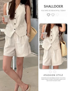 Shalldoer | Elegant Ladies Summer Sleeveless Vest And Shorts Set Pure Color Two-Piece Suit V-Neck Button Closure Fashionable And Comfortable