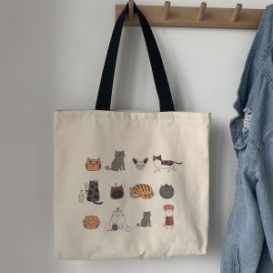 Cat Kitten Canvas Tote Shoulder Bag | Casual Cute Tote Bag With Zipper Pocket Compartment Huge Capacity Beg Kucing