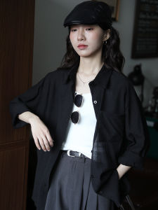 Black Long Sleeve Commute Retro Loose Womens Shirt Sun Protection Clothing Simple Casual Pure Color Ladies Top
