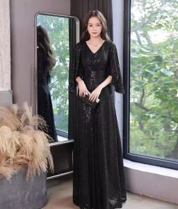 Elegant Long Dress Shiny Sequins Heavy Embroidery V-Neck Waist Cinching Slimming Effect Full Skirt mid Sleeve Zipper Closure