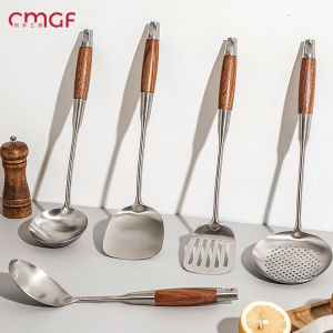 304 Stainless Steel Spatula For Home Kitchen Cooking Thickened Shovel Spatula Soup Spoon Wooden Handle Oven Mitts Kitchenware Suit