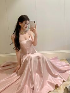 Elegant French Style Pink Satin Strapless Dress Womens Summer New Pure Desire Beach Vacation Long Skirt V-neck A-line Dress