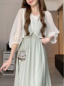 chaqi | Summer Thin Sun Protection Dress Womens Style With Strap Gown Outerwear Chiffon Shawl Cardigan Coat V-Neck Long Sleeve Short Length