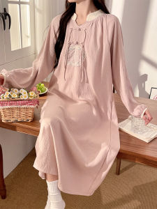 New Chinese Style Womens Sleep Dress Pure Cotton Long Sleeve Button up High End Feeling Nightgown Autumn Winter Home Clothes