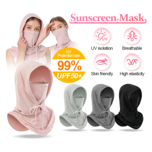 Sunscreen Hat Drawstring Headscarf Hat Men and Women Ice Silk Neck Wind Cycling Outdoor Muslin Face Mask with Hoodie Headscarf Breathable Cooling Thin Hat