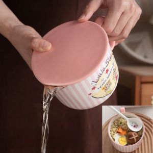 Korean Style Ceramic Instant Noodle Bowl 800ML Bowls With Lid Large Breakfast Cup Suitable bowls for students living in the dormitory