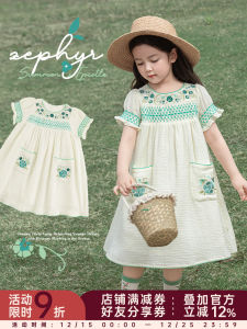 Váy Thêu Hoa Thoáng Khí Mùa Hè Cho Bé Gái Váy Xếp Ly Màu Tương Phản Váy Cotton Trang Phục Trẻ Em Thường Ngày Váy Cho Bé Gái