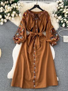 Váy Bohemian Dài Tay Thêu Cạp Cao Cho Nữ Mùa Thu Váy Đi Biển Phong Cách Hàn Quốc Thường Ngày Váy Chữ a Dài Vừa Phải