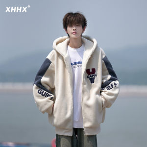 Lamb Fur Jacket Men Winter Cotton Padded Thick Warm Hooded Coat Trendy American Style Youth Casual Long Sleeve Zipper Closure