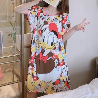 Summer Nightdress Womens Short-Sleeved Cotton Dress over the Knee Loose Large Size Pregnant Womens Cute Cartoon Ins Nightdress