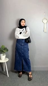 Rok Jeans Cargo Wanita Skirt Panjang Denim Belah Depan - Rok Jeans jumbo Terbaru - Rok Cargo