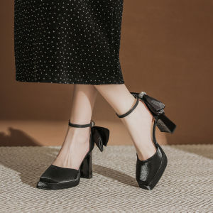 Black Tassel Hollow out Mary Jane Shoes Butterfly Knot Womens Fashionable Pearl Embellished High Heels Square Head Slip-On