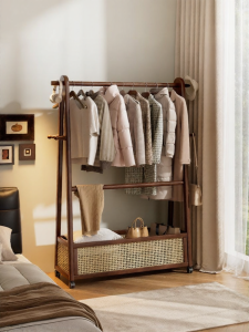ZHUSHANXIA | Portable Wooden Clothes Rack with Laundry Basket Wicker Design