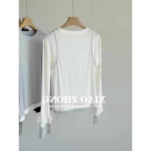 LDDuu Thin Spring round Neck Splice Color Block Casual Long Sleeve T-Shirt Womens Base Shirt Trendy Inner Wear Cotton Blend