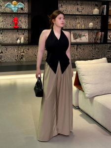 DMcc plus Size Womens Outfit V-Neck Top Wide Leg Pants Hanging Neck Design Summer Slimming Effect Korean Style Casual Wear