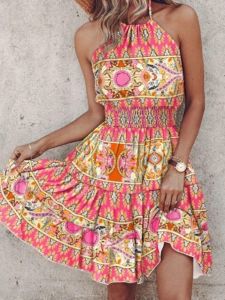 Váy Bohemian Không Tay Cổ Treo Thắt Eo in Hoa Mùa Hè Cho Nữ Váy Midi Chữ a Cạp Cao Không Tay Cổ Chữ a