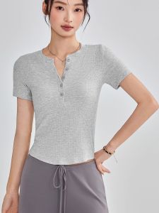 Slim Fit Yoga T-Shirt Henry Short Sleeve V-Neck Breathable Summer Sportswear Casual Style Polyester Blend Womens Top