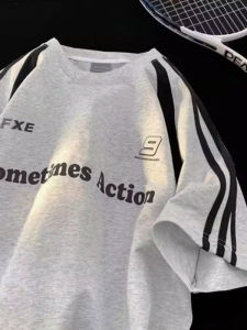 เสื้อยืดแขนสั้นลายทางสไตล์อเมริกัน ผ้าฝ้ายแท้ ทรงหลวม สำหรับผู้ชาย แฟชั่นฤดูร้อน ลำลอง เสื้อยืดคอตตอน