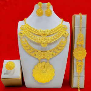Retro Gold Four-Piece Set Jewelry Necklace Bracelet Earrings Ring Set Dubai Royal Jewelry Alloy Pendant Fresh out Celebrity Non-Same