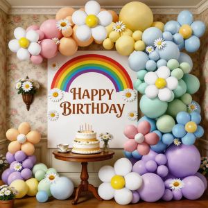 139-Piece Princess Birthday Party Balloon Set Including Pink Yellow Green and Blue Daisy-Shaped Latex Balloons Suitable for Birthday Parties Baby Showers Gender Reveal Parties Party Decorations Anniversaries Weddings and Home Decor