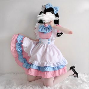 Anime Girls Lolita Dress Apron Hair Accessories Suits Japanese Maid Uniform Dress Cafe Restaurant Cute Maid Short Skirt Plus Size S-4XL