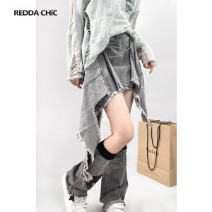 Street Style Punk Denim Mini Skirt Asymmetrical A-Line Short Grey Skirt Set High Waist Distressed Fringed Pure Color Design