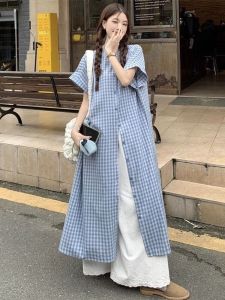 Dễ Thương Bộ Nhiều Lớp Phong Cách Nhật Bản Nữ Mùa Hè Thiết Kế Kẻ Caro Đầm Sơ Mi Ren Ống Rộng Quần Hòa Tấu Hai Mảnh