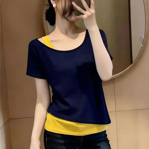 MISHANGYICHU | Design-oriented Unique Faux Two-Piece Tee Short Sleeve Slim Fit Underwear Top