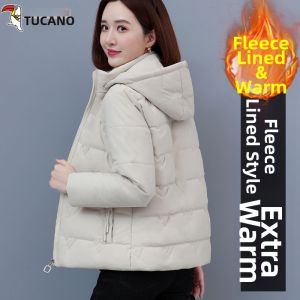 TUCANO Fleece Lined down Cotton Jacket Womens Winter Short Coat Middle-Aged Hooded Coat Korean Style Loose Fit Zipper Pocket