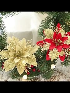 10 Pcs Set Glitter Christmas Flowers Poinsettia Flower With Sticks/Clips Gold and Red Flower  Xmas Tree Decorations Wedding Party Flower Holiday Decoration 2024