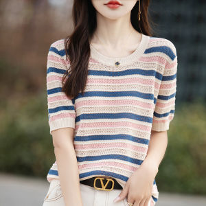 เสื้อยืดผู้หญิงคอตตอนผสมลินินลายทางแขนสั้นทรงหลวมสไตล์เกาหลีสำหรับฤดูร้อนปี 2025 เส้นใยโพลีเอสเตอร์เนื้อแน่น