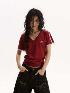 Áo Thun Cổ Chữ V Ren Ngắn Cổ Điển Cho Nữ Mùa Hè VATTY Áo Thun Cotton Co Giãn Thoải Mái Thường Ngày Không Có Mũ