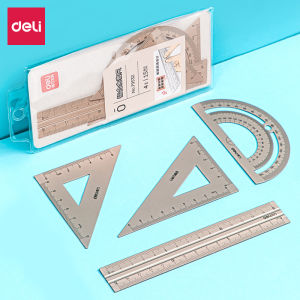 deli | DELI Aluminum Drafting Set 4 PCS Ruler Set for School Straight Ruler Triangular Protractor Stationery