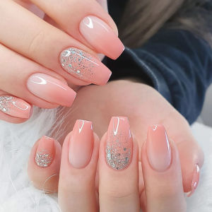 24pcs/set short fake nails gradient nude pink jelly glossy square ballet french tips Reusable faux ongles press on false nail
