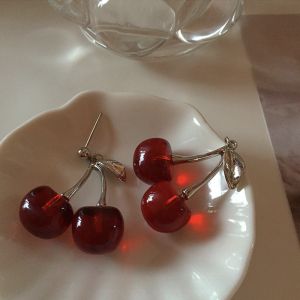 Red Cherry Vintage Earrings Korean Style Sweet Girl Heart Transparent Fashion Jewelry Ear Studs Clip-Ons Alloy Material