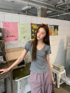 NIHAOKANONG | Áo Thun Tay Ngắn Ống Đứng Mỏng Màu Xám