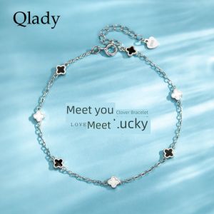 Couples Silver Bracelet with Four Leaf Clover Pure Silver Womens Style Birthday Gift for Girlfriend Sweet Floral Pattern