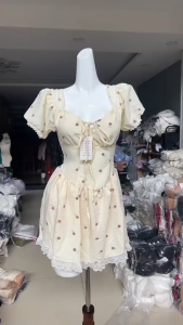 Đầm nàng thơ xinh đầm tiểu thư đi tiệc chất Mango ngắn tay búp trễ vai dây chiết eo buộc nơ có mút ngực & lót phối Ren đáng yêu