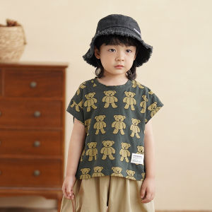 Cotton Bear Cartoon Print Sleeveless T-Shirt for Boys And Girls Childrens Summer Wear 2-8 Years Old round Neck Micro Sleeve