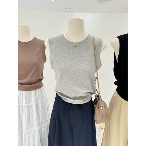 เสื้อกั๊กสั้นทรงเข้ารูปคอตั้งสีพื้นสไตล์เกาหลีสำหรับฤดูร้อน เสื้อผ้าทำงานผู้หญิง แขนกุด ทรงเข้ารูป ทรงเข้ารูป แขนกุด