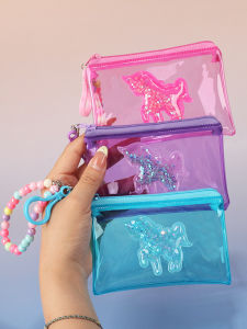 Cartoon Unicorns Sandflow Waterproof PVC Ladies Coin Purse Key Wallet Cute Female Transparent Coin Pouch Outdoor Accessories
